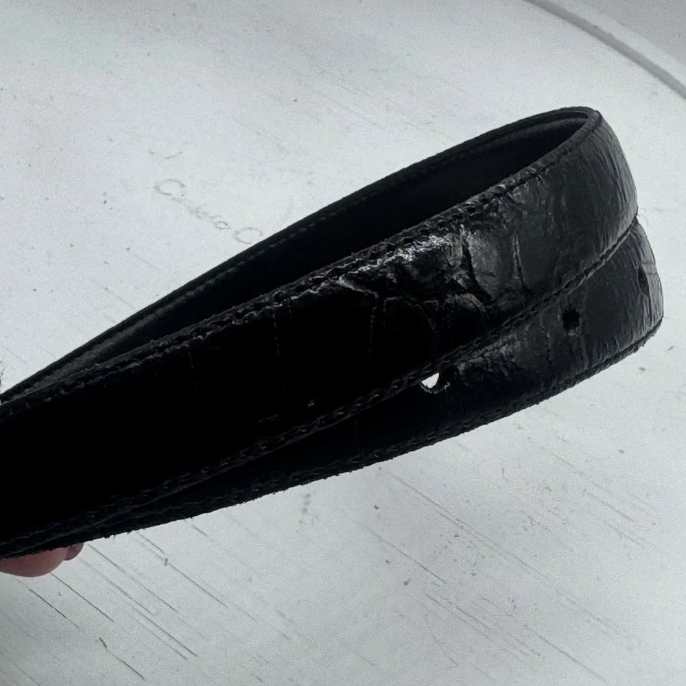 Vintage Black Croc Genuine Embossed Leather Belt Solid Brass Oval Buckle Size ML